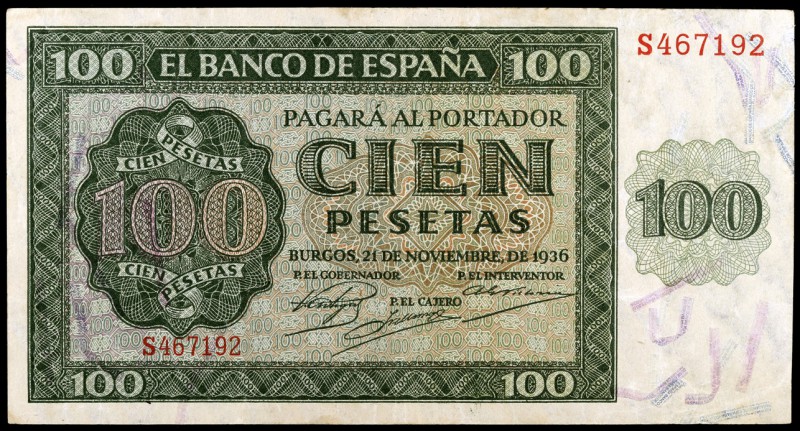 1936. Burgos. 100 pesetas. (Ed. D22a) (Ed. 421a). 21 de noviembre. Serie S. Leve...