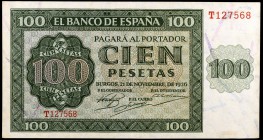 1936. Burgos. 100 pesetas. (Ed. D22a) (Ed. 421a). 21 de noviembre. Serie T. Leve doblez. EBC-.