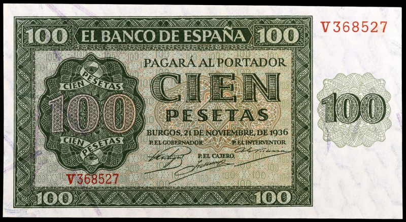 1936. Burgos. 100 pesetas. (Ed. D22a) (Ed. 421a). 21 de noviembre. Serie V. Dobl...