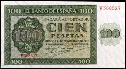 1936. Burgos. 100 pesetas. (Ed. D22a) (Ed. 421a). 21 de noviembre. Serie V. Doblez central, casi inapreciable. EBC+.