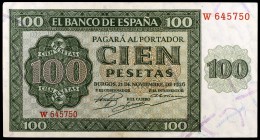 1936. Burgos. 100 pesetas. (Ed. D22a) (Ed. 421a). 21 de noviembre, serie W. Leve doblez. EBC-.