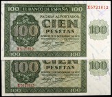 1936. Burgos. 100 pesetas. (Ed. D22a) (Ed. 421a). 21 de noviembre. Pareja correlativa, serie X, última emitida. Raros así. EBC+.