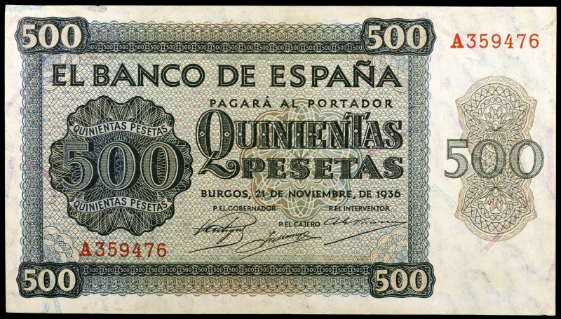 1936. Burgos. 500 pesetas. (Ed. D23) (Ed. 422). 21 de noviembre. Serie A. Doblez...