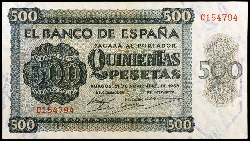 1936. Burgos. 500 pesetas. (Ed. D23a) (Ed. 422a). 21 de noviembre. Serie C. Dobl...