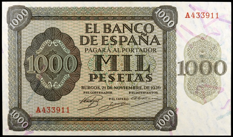 1936. 1000 pesetas. (Ed. D24) (Ed. 423). 21 de noviembre. Serie A. Leve doblez p...