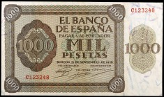 1936. Burgos. 1000 pesetas. (Ed. D24a) (Ed. 423a). 21 de noviembre. Serie C, última emitida. Raro. EBC+.