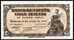 1937. Burgos. 5 pesetas. (Ed. D25) (Ed. 424). 18 de julio. Sin serie. Muy escaso. S/C-.