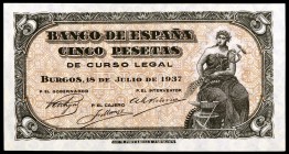 1937. Burgos. 5 pesetas. (Ed. D25a) (Ed. 424a). 18 de julio, serie A. Escaso. S/C-.