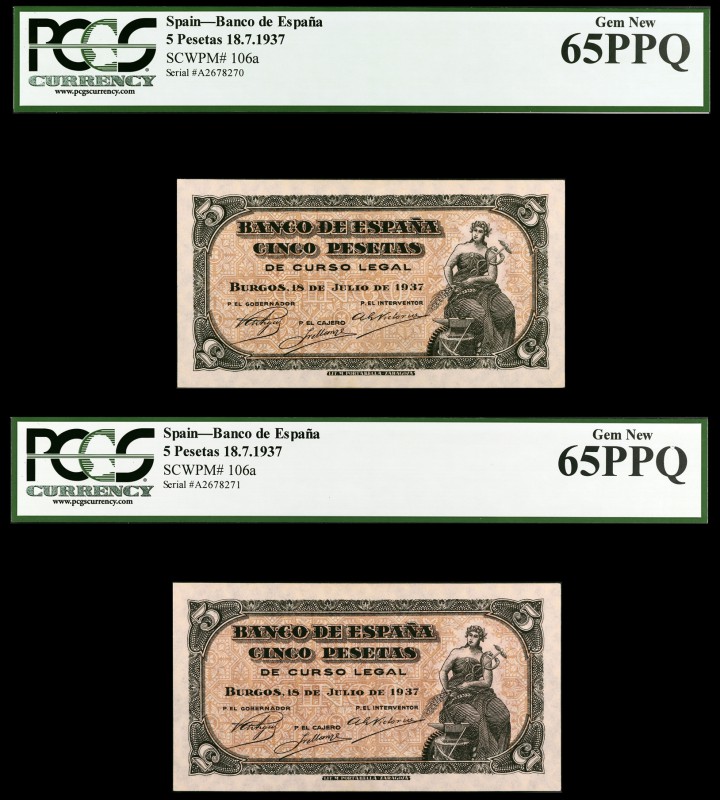 1937. Burgos. 5 pesetas. (Ed. D25a) (Ed. 424a). 18 de julio. Pareja correlativa,...