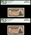 1937. Burgos. 5 pesetas. (Ed. D25a) (Ed. 424a). 18 de julio. Pareja correlativa, serie A. Certificados por la PCGS como Gem New 65PPQ, números A267827...