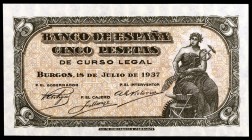 1937. Burgos. 5 pesetas. (Ed. D25a) (Ed. 424a). 18 de julio. Serie B. Escaso. S/C.