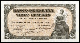 1937. Burgos. 5 pesetas. (Ed. D25a) (Ed. 424a). 18 de julio. Serie C, última emitida. Escaso. S/C-.