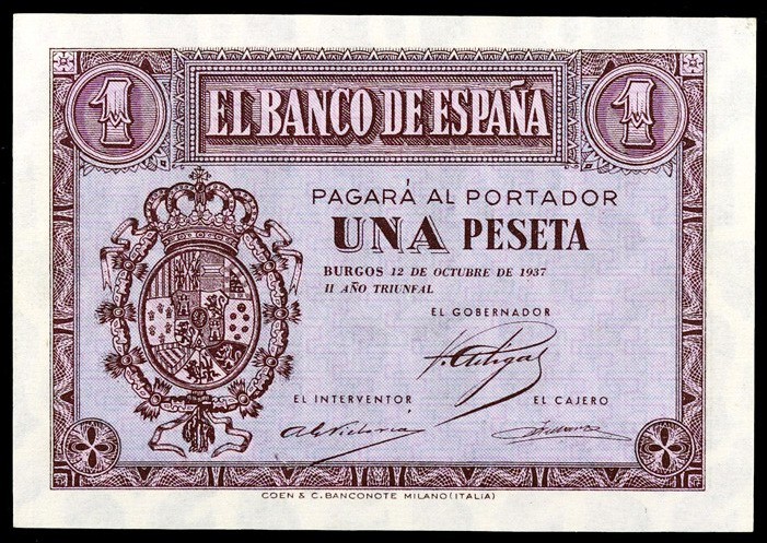 1937. Burgos. 1 peseta. (Ed. D26) (Ed. 425). 12 de octubre. Serie A. Escaso. S/C...