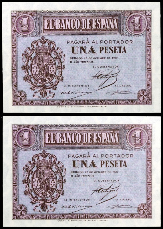 1937. Burgos. 1 peseta. (Ed. D26) (Ed. 425). 12 de octubre. Pareja correlativa, ...