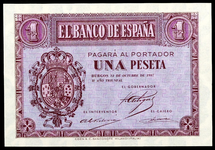 1937. Burgos. 1 peseta. (Ed. D26a) (Ed. 425a). 12 de octubre. Serie D. S/C-.