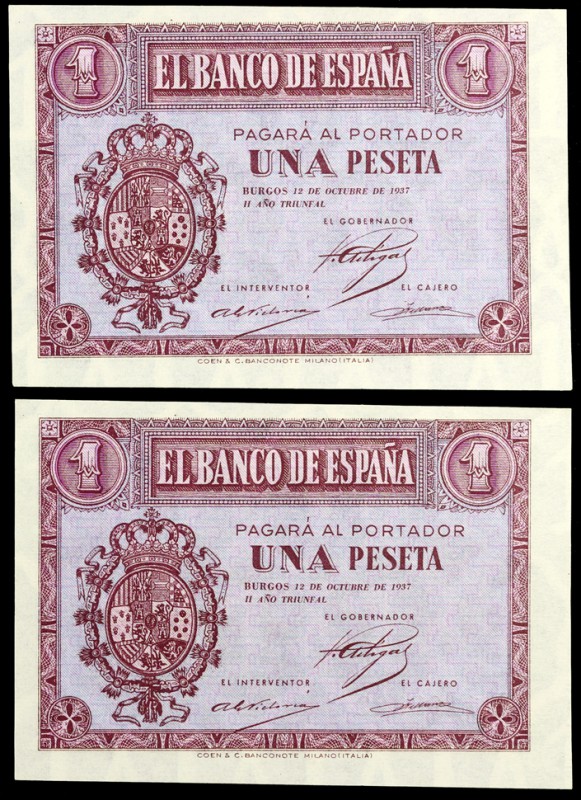 1937. Burgos. 1 peseta. (Ed. D26a) (Ed. 425a). 12 de octubre. Pareja correlativa...