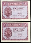 1937. Burgos. 1 peseta. (Ed. D26a) (Ed. 425a). 12 de octubre. Pareja correlativa, serie E. S/C.