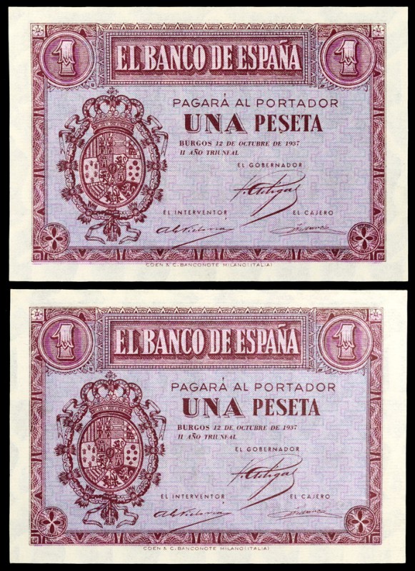 1937. Burgos. 1 peseta. (Ed. D26a). 12 de octubre. Pareja correlativa, serie F, ...