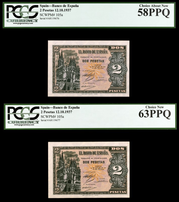 1937. Burgos. 2 pesetas. (Ed. D27a) (Ed. 426a). 12 de octubre. Pareja correlativ...