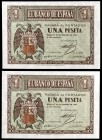 1938. Burgos. 1 peseta. (Ed. D28) (Ed. 427). 28 de febrero. Pareja correlativa, serie A. S/C.