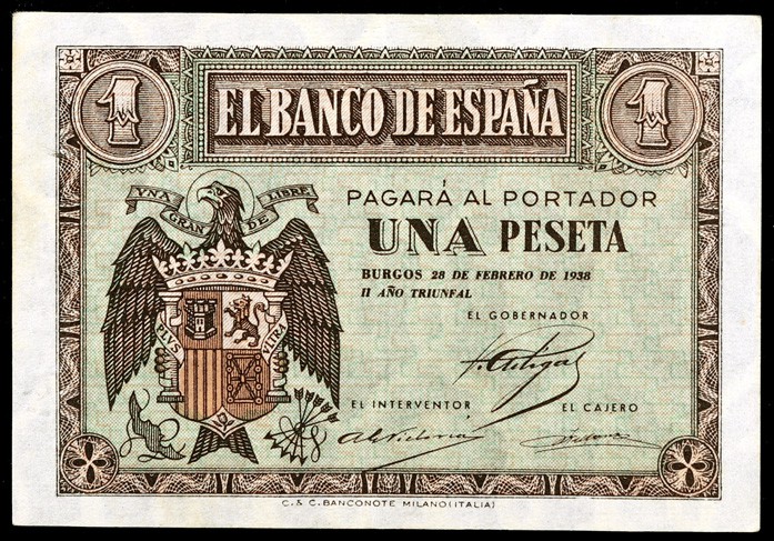 1938. Burgos. 1 peseta. (Ed. D28a) (Ed. 427a). 28 de febrero. Serie B. Leve dobl...
