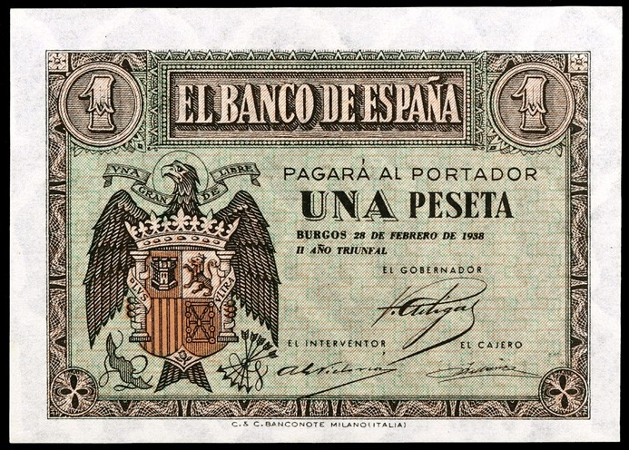 1938. Burgos. 1 peseta. (Ed. D28b) (Ed. 427b). 28 de febrero. Serie G, última em...