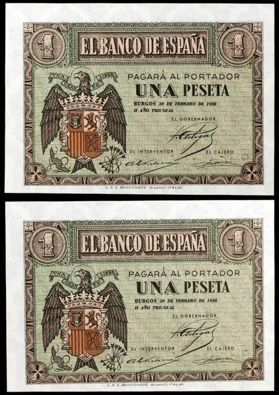 1938. Burgos. 1 peseta. (Ed. D28b) (Ed. 427b). 28 de febrero. Pareja correlativa...