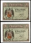 1938. Burgos. 1 peseta. (Ed. D28b) (Ed. 427b). 28 de febrero. Pareja correlativa, serie G, última emitida. Raros. S/C.