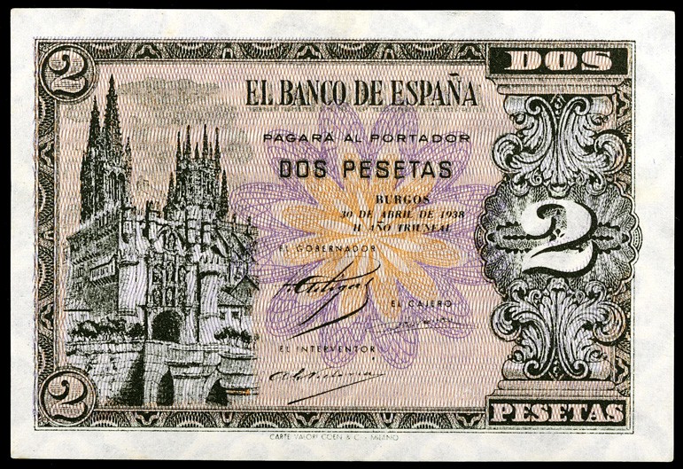 1938. Burgos. 2 pesetas. (Ed. D30a) (Ed. 429a). 30 de abril. Serie E. S/C-.