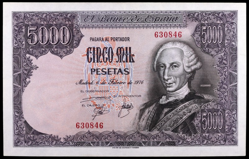 1976. 5000 pesetas. (Ed. E1) (Ed. 475). 6 de febrero, Carlos III. Sin serie. S/C...