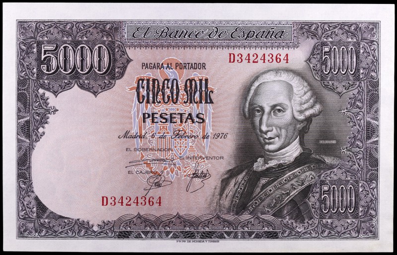 1976. 5000 pesetas. (Ed. E1a) (Ed. 475a). 6 de febrero, Carlos III. Serie D. S/C...