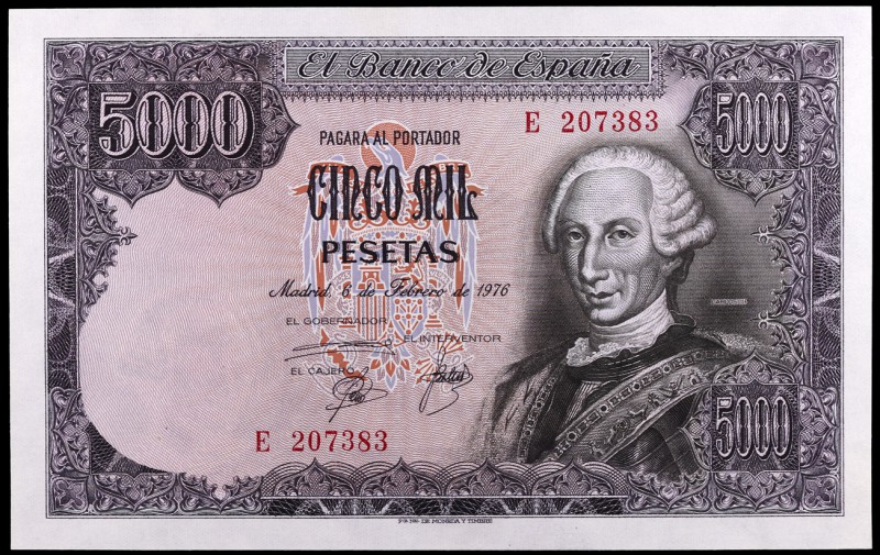1976. 5000 pesetas. (Ed. E1a) (Ed. 475a). 6 de febrero, Carlos III. Serie E. S/C...