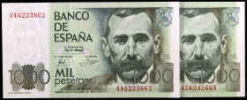 1979. 1000 pesetas. (Ed. E3a) (Ed. 477a). 23 de octubre, Pérez Galdós. 2 billetes, series 4A y 4Z. S/C.
