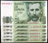 1979. 1000 pesetas. (Ed. E3a) (Ed. 477a). 23 de octubre, Pérez Galdós. 6 billetes, series A-A a A-F. S/C.