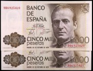 1979. 5000 pesetas. (Ed. E4b var) (Ed. 478b). 23 de octubre, Juan Carlos I. Pareja correlativa, serie 9B. Raros. S/C.