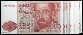 1980. 2000 pesetas. (Ed. E5a) (Ed. 479a). 22 de julio, Juan Ramón Jiménez. 10 billetes, series 2A, 2B, 2D (pareja correlativa) a 2J. S/C-/S/C.