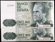 1985. 10000 pesetas. (Ed. E7) (Ed. 481). 24 de septiembre, Juan Carlos I / Felipe. Pareja correlativa, sin serie. Numeración baja 015109/10. EBC+.