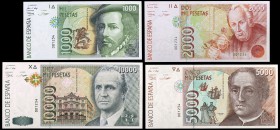 1992. 1000, 2000, 5000 y 10000 pesetas. 4 billetes, sin serie y todos con la misma numeración 001234. Conjunto raro. S/C.