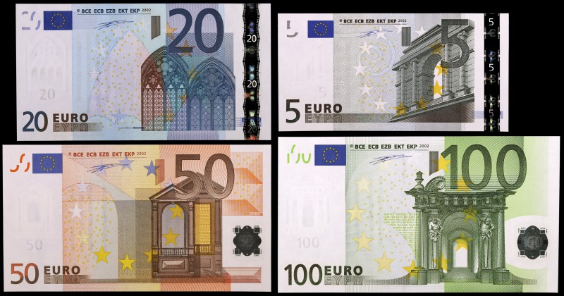 2002. 5, 20, 50 y 100 euros. (Ed. EU1 y EU3 a EU5) (Ed. 486 y 488 a 490). Firma ...
