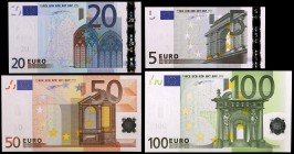 2002. 5, 20, 50 y 100 euros. (Ed. EU1 y EU3 a EU5) (Ed. 486 y 488 a 490). Firma Duisenberg. 4 billetes,todos con la misma serie y numeración muy baja,...