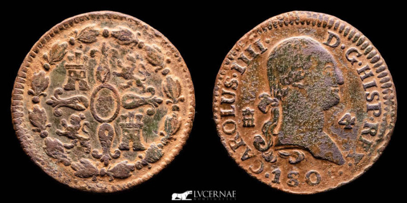 España - Carlos IV (1788 - 1808), preciosa moneda de 4 maravedís de bronce acuña...