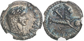 GRÈCE ANTIQUE - GREEK
Maurétanie, Juba II (25 av. J.-C.- 23 ap. J.-C.). Denier 16 (An XXXXI), Césarée.
Av. REX IVBA. Buste de Juba II à droite, coiffé...