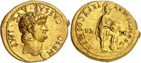 EMPIRE ROMAIN - ROMAN
Néron (54-68). Aureus ND (63-64), Rome ou Lyon.
Av. NERO. CAESAR. AVG. IMP. Tête nue à droite, avec légère barbe. 
Rv. PONTIF MA...