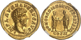 EMPIRE ROMAIN - ROMAN
Lucius Verus (161-169). Aureus ND (162), Rome.
Av. IMP L AVREL VERVS AVG. Buste à droite, tête nue, avec l’égide sur l’épaule ga...