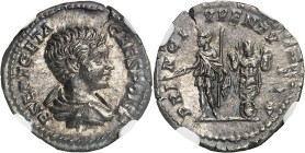 EMPIRE ROMAIN - ROMAN
Geta (198-212). Denier 200-202, Rome.
Av. P SEPT GETA - CAES PONT. Buste drapé et cuirassé, vu de trois-quarts en arrière, à dro...
