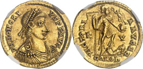 EMPIRE ROMAIN - ROMAN
Honorius (393-423). Solidus 402-406, Ravenne.
Av. D N HONORI - VS P F AVG. Buste diadémé à droite, drapé et cuirassé, vu de troi...