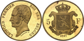 BELGIQUE - BELGIUM
Léopold Ier (1831-1865). Essai de 5 francs en cuivre doré par Dargent, Frappe spéciale (SP) 1847, Bruxelles.
Av. LEOPOLD PREMIER - ...