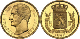 BELGIQUE - BELGIUM
Léopold Ier (1831-1865). Essai de 5 francs en cuivre doré par Jouvenel, Frappe spéciale (SP) 1847, Bruxelles.
Av. LEOPOLD I ROI - D...