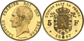 BELGIQUE - BELGIUM
Léopold Ier (1831-1865). Essai de 5 francs en cuivre doré par Leclercq, Frappe spéciale (SP) 1847, Bruxelles.
Av. LEOPOLD PREMIER R...