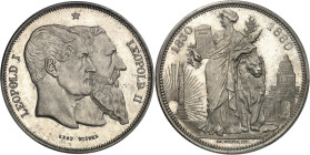 BELGIQUE - BELGIUM
Léopold II (1865-1909). Module 5 francs, cinquantenaire du royaume, frappe monnaie 1880, Bruxelles.
Av. LEOPOLD I - LEOPOLD II. Sou...